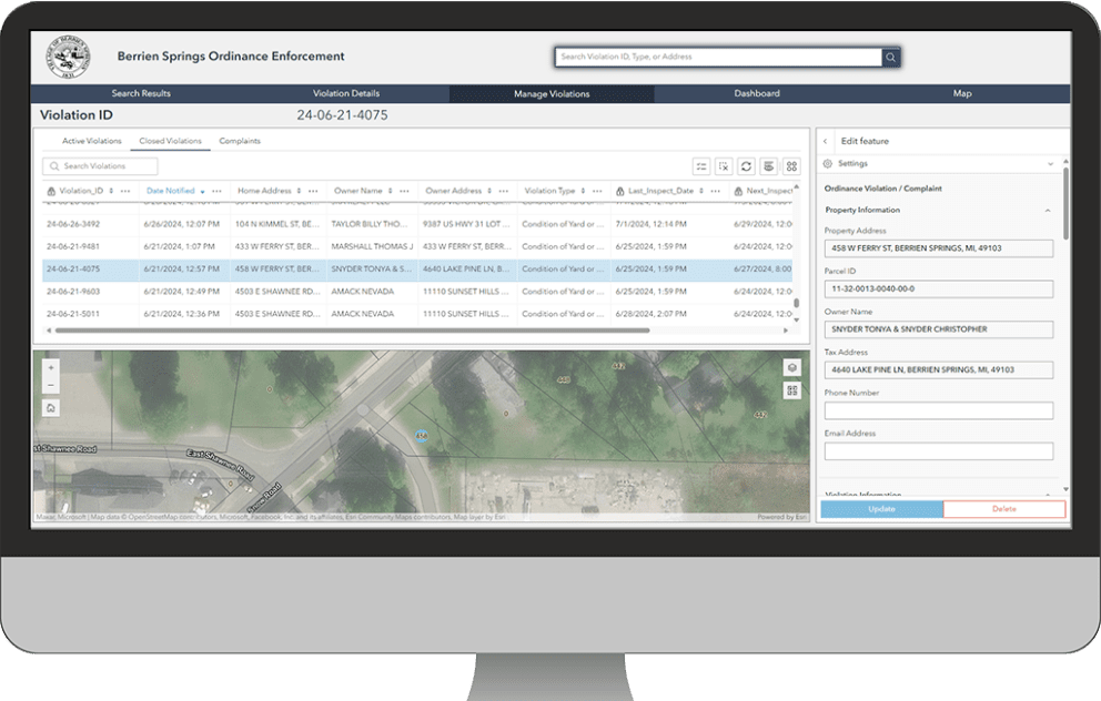 Ordinance Enforcement GIS Manage Violations