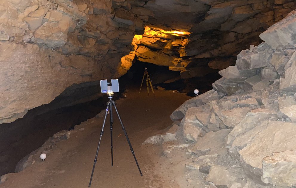 Mammoth Cave interior with laser scanners
