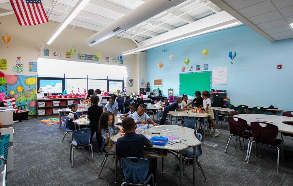 Charter School of the Dunes Classroom with Kids and American Flag