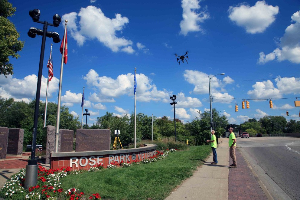 Rose Park drone scanning from sidewalk